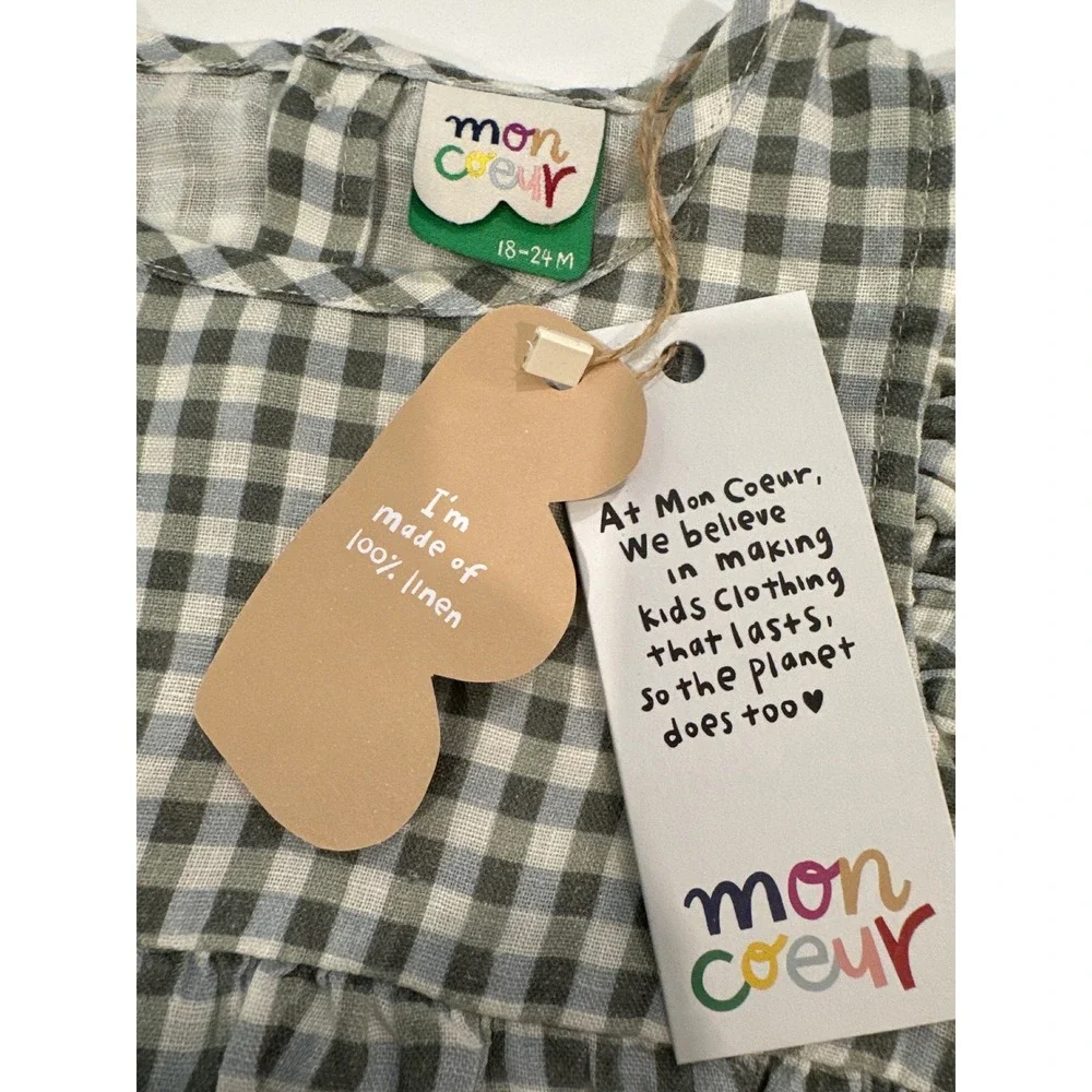 Mon Coeur Gingham Linen Baby Girl Romper 18-24M Cream Green NWT